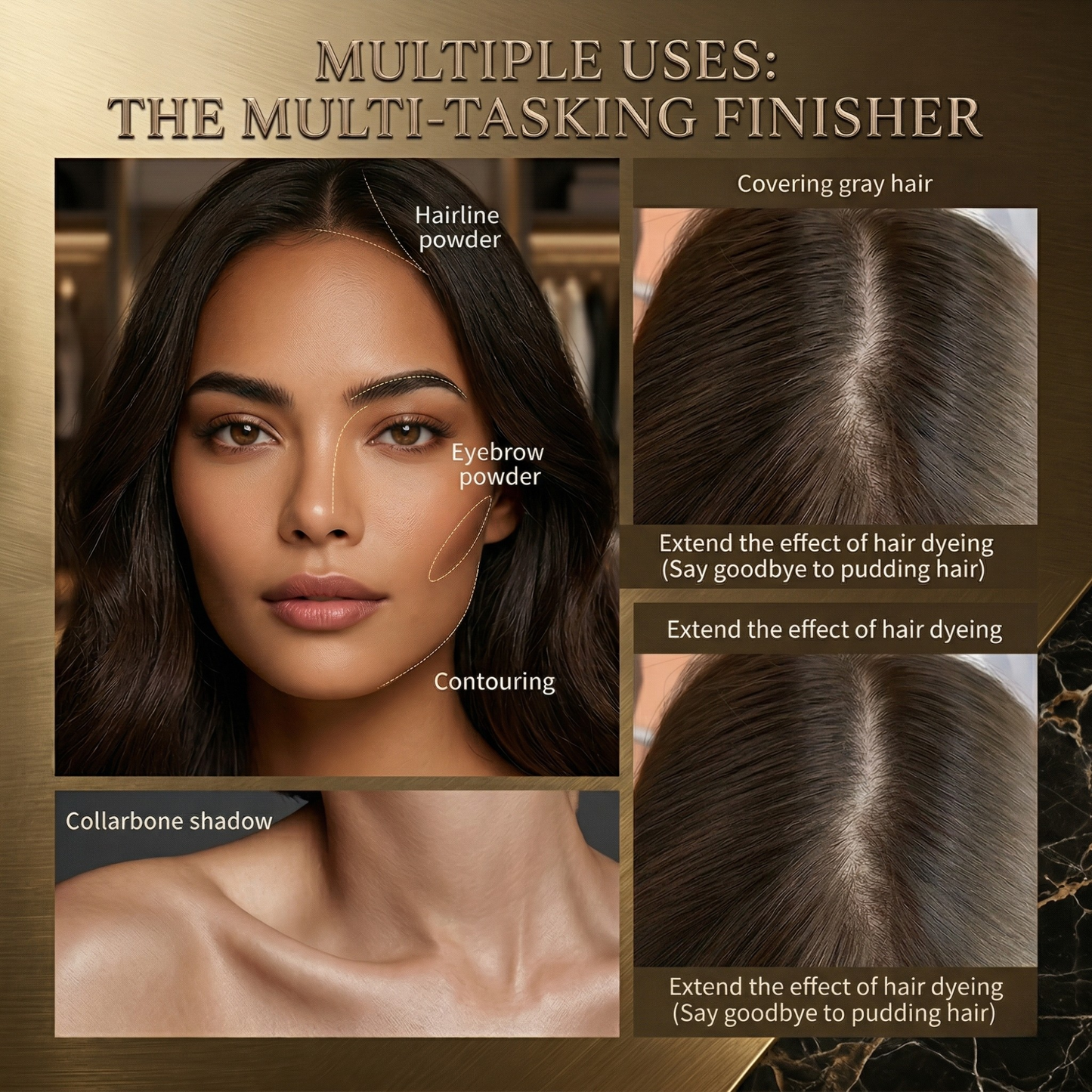 Pudder til hårrodstouch-up, jævn hårfarve uden rodede sprays