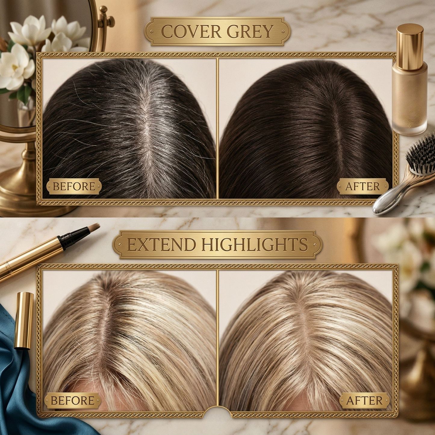 Pudder til hårrodstouch-up, jævn hårfarve uden rodede sprays