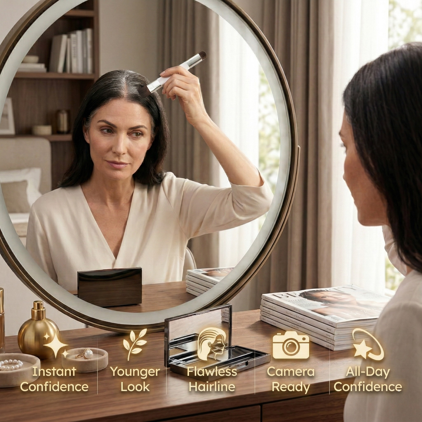 Pudder til hårrodstouch-up, jævn hårfarve uden rodede sprays