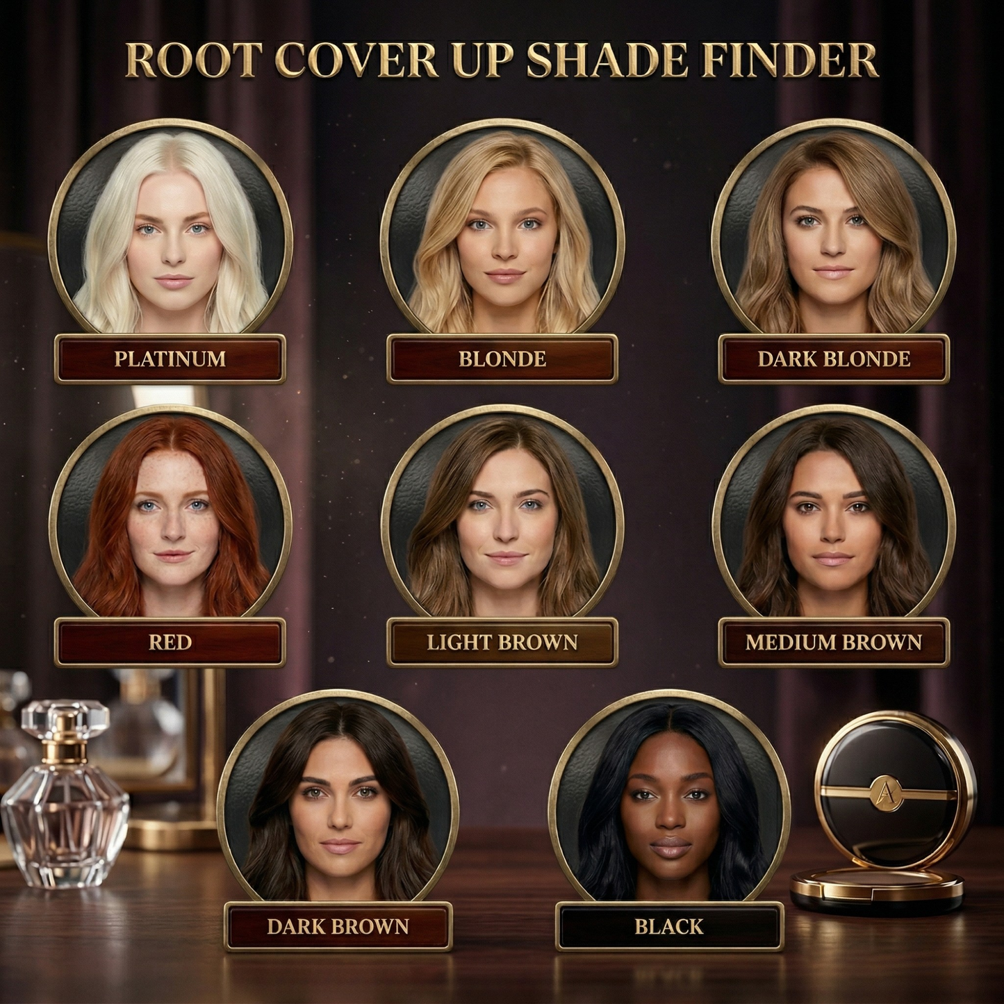 Pudder til hårrodstouch-up, jævn hårfarve uden rodede sprays