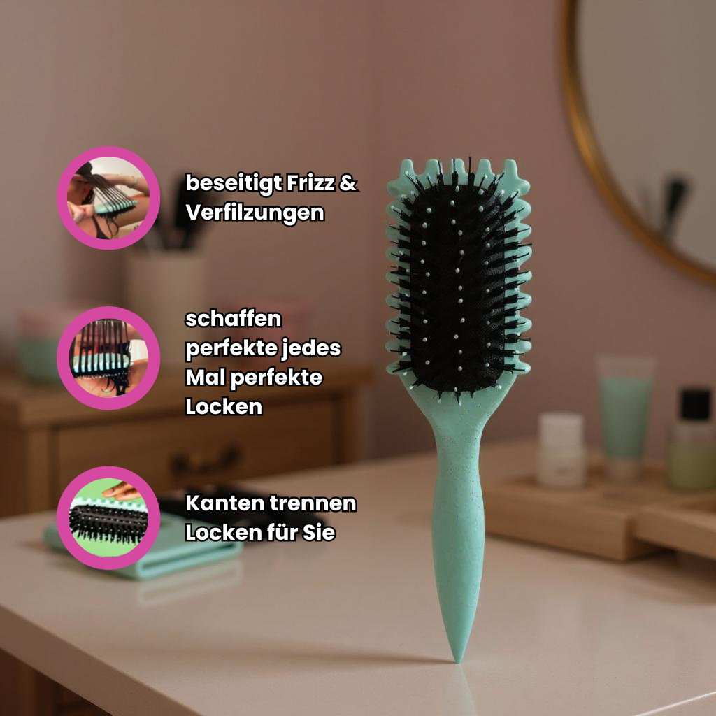 Turquoise detangling hair brush with black bristles, anti-frizz and anti-tangle design for creating defined curls and smooth styling