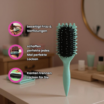 Turquoise detangling hair brush with black bristles, anti-frizz and anti-tangle design for creating defined curls and smooth styling