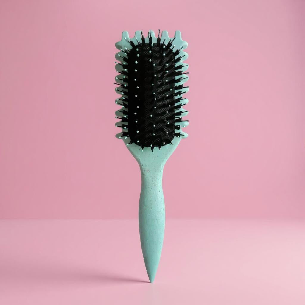 Turquoise detangling hair brush with black bristles, anti-frizz and anti-tangle design for creating defined curls and smooth styling