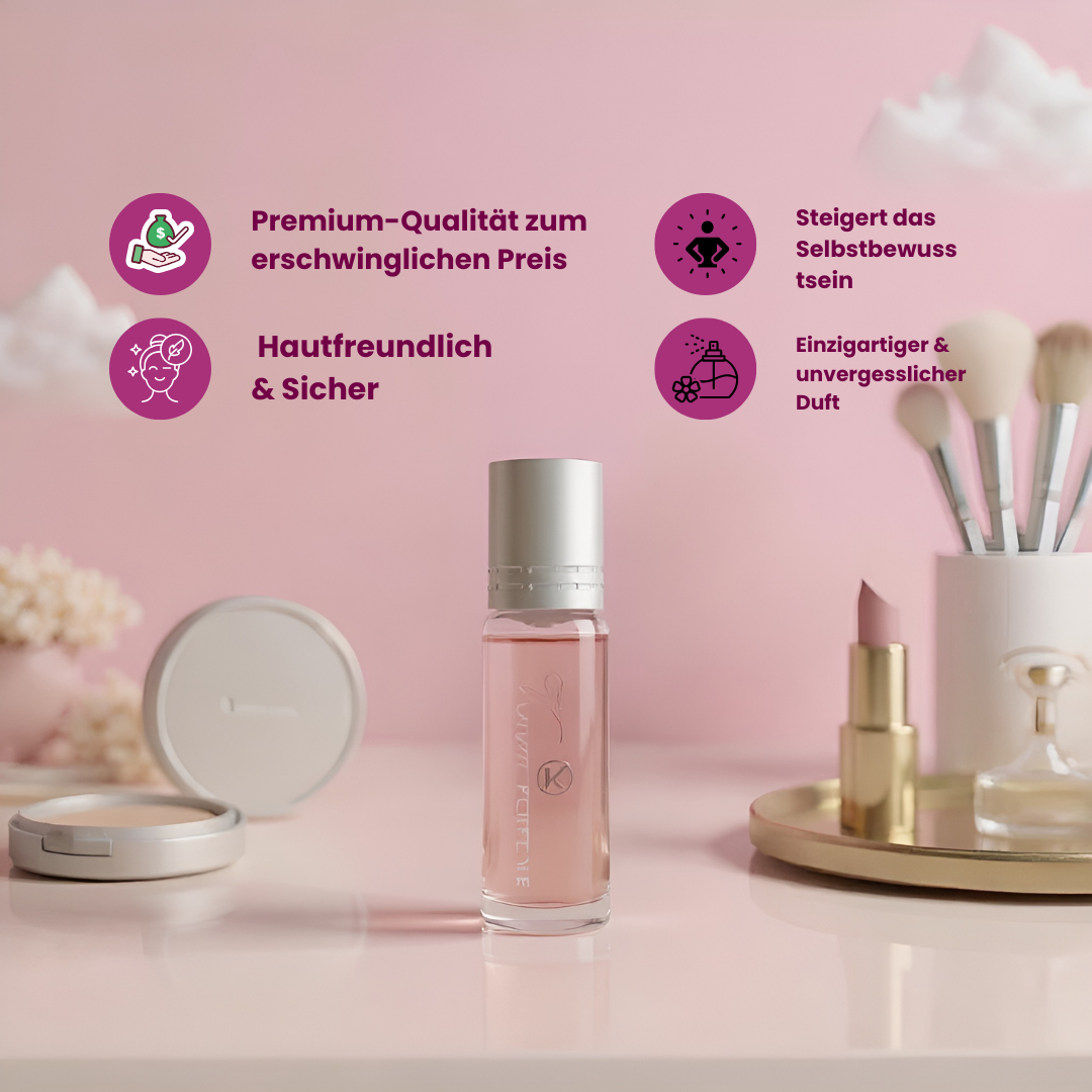 handlicher 10 ml Duft-Roll-On im eleganten Glasflakon mit natürlicher, langanhaltender Formel – stärkt die Ausstrahlung, zieht Menschen an und kommt mit 30-Tage-Geld-zurück-Garantie.