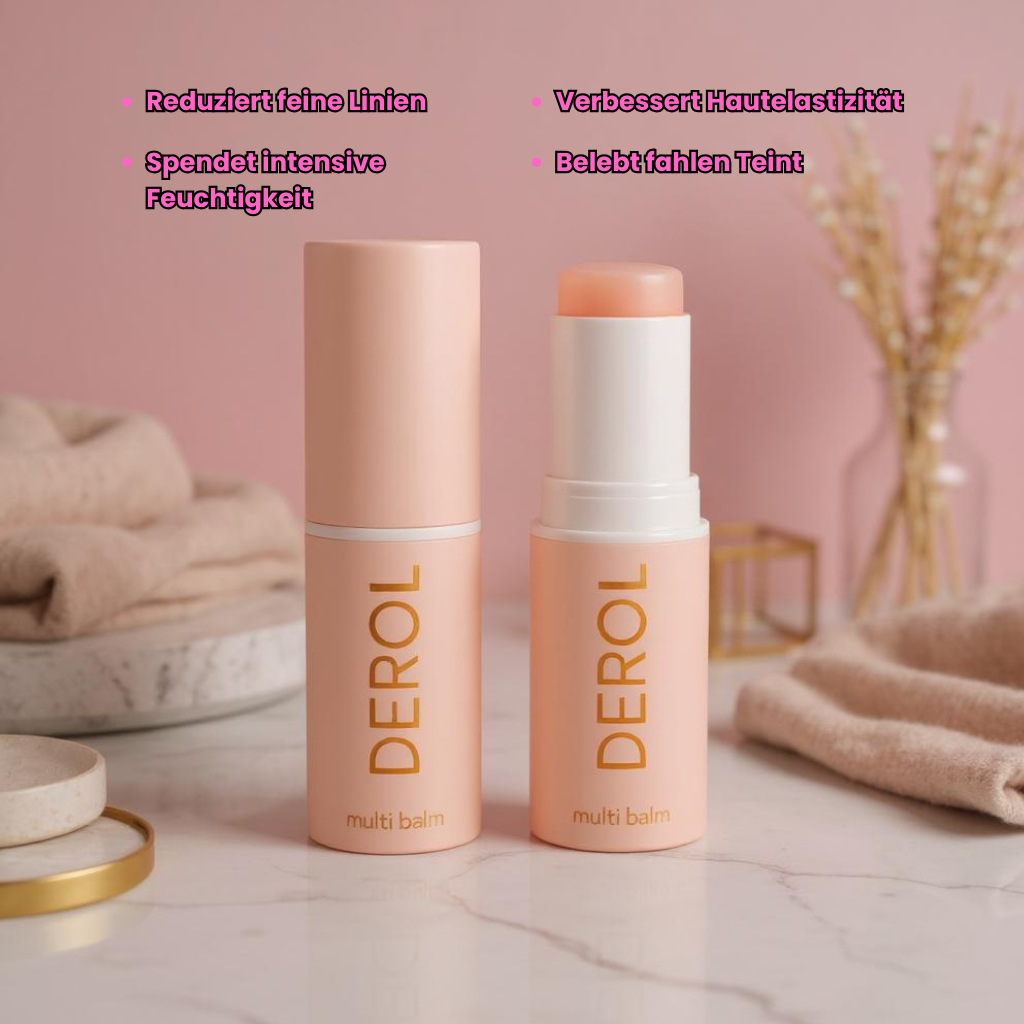 DEROL multi balm stick in peach packaging with orange lettering, hydrating skincare balm for face, lips, and body