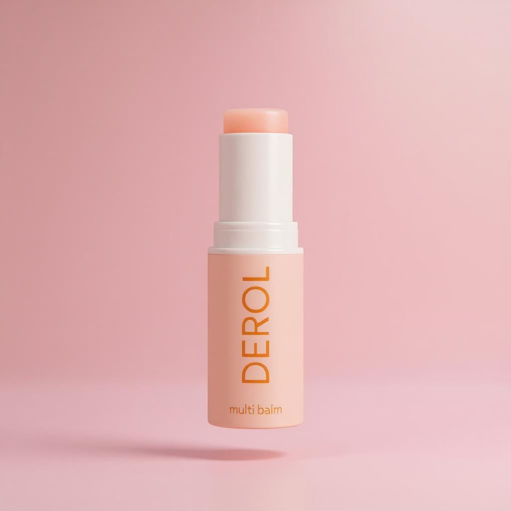 DEROL multi balm stick in peach packaging with orange lettering, hydrating skincare balm for face, lips, and body