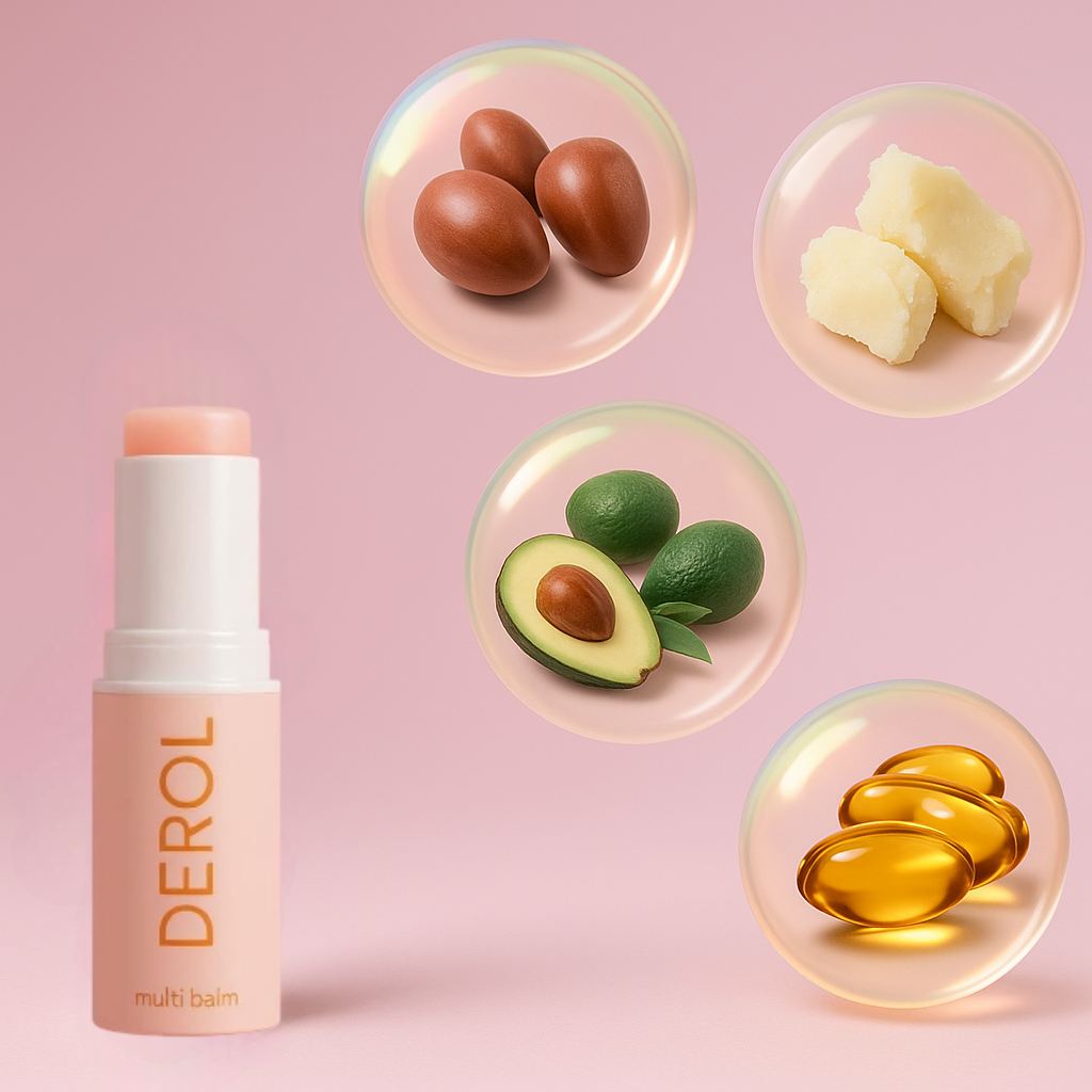 DEROL multi balm stick in peach packaging with orange lettering, hydrating skincare balm for face, lips, and body