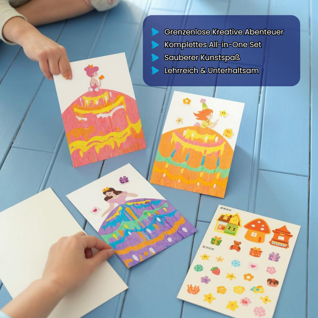 Bunte Spielbox mit Katzenmotiven auf blau-rosa Hintergrund. Das Set ist ein kreatives Bastel- und Malspiel für Kinder, bei dem Farben gemischt und Formen gestaltet werden können.