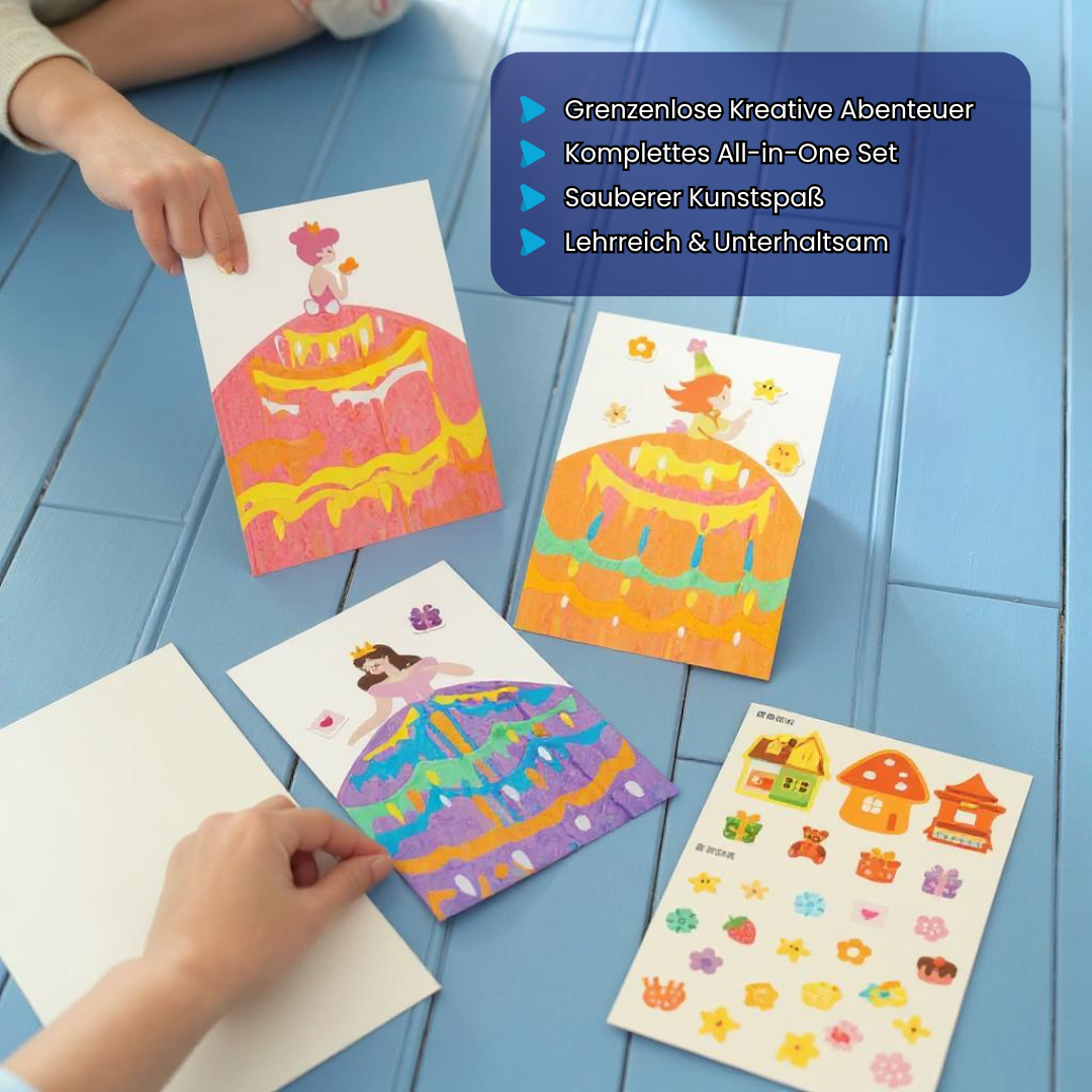 Bunte Spielbox mit Katzenmotiven auf blau-rosa Hintergrund. Das Set ist ein kreatives Bastel- und Malspiel für Kinder, bei dem Farben gemischt und Formen gestaltet werden können.