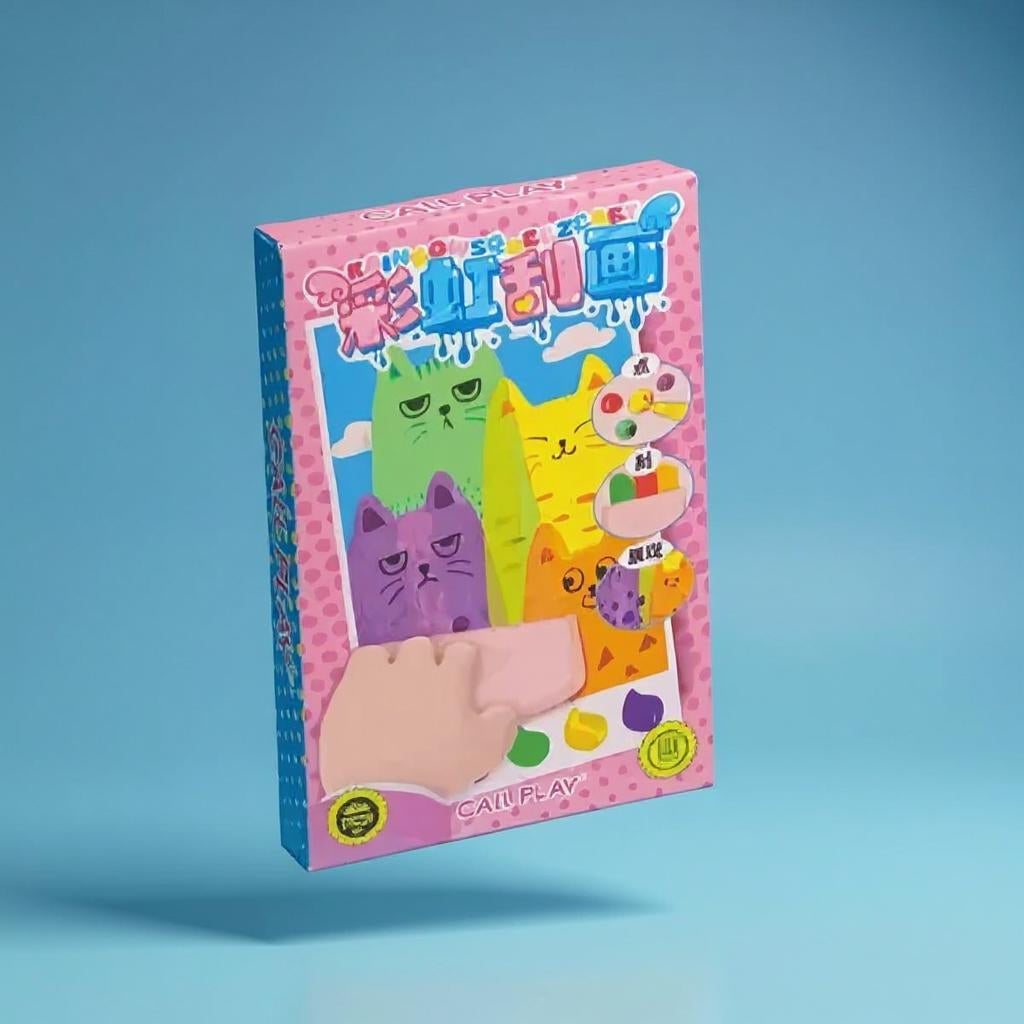 Bunte Spielbox mit Katzenmotiven auf blau-rosa Hintergrund. Das Set ist ein kreatives Bastel- und Malspiel für Kinder, bei dem Farben gemischt und Formen gestaltet werden können.