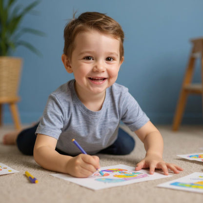 Bunte Spielbox mit Katzenmotiven auf blau-rosa Hintergrund. Das Set ist ein kreatives Bastel- und Malspiel für Kinder, bei dem Farben gemischt und Formen gestaltet werden können.