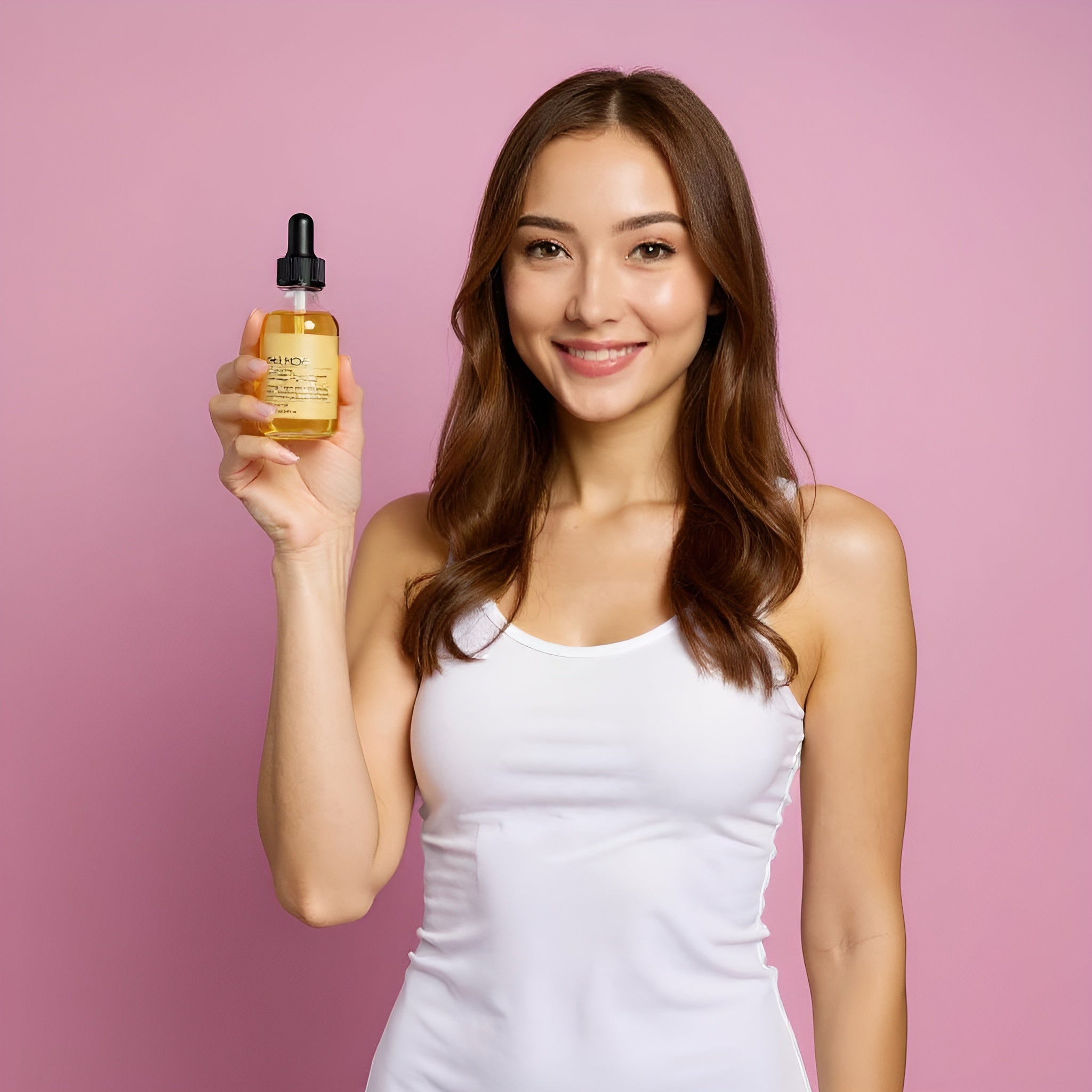 Junge Frau mit langen braunen Haaren hält EELHOE Haarwachstumsöl in Glasflasche mit Pipette – Pflegeprodukt zur Stimulierung des Haarwachstums und Stärkung der Haarfollike