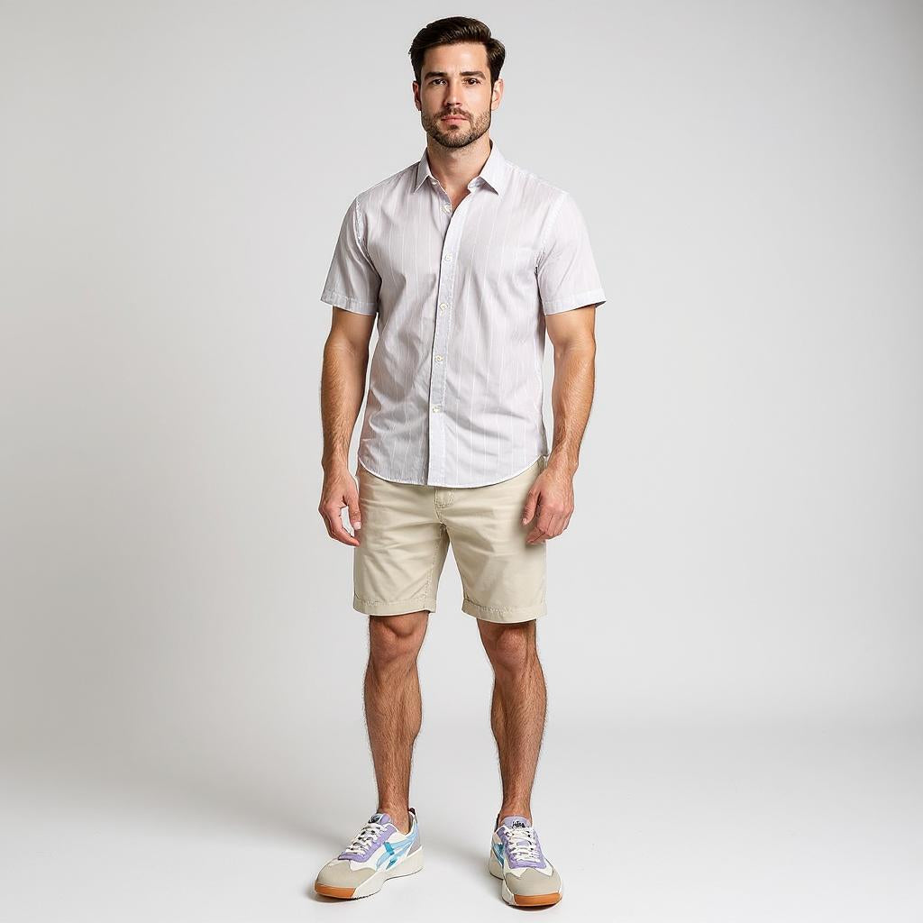 Mann trägt kurzärmliges, hell gestreiftes Hemd, beige Shorts und Onitsuka Tiger Sneaker aus Wildleder in Weiß, Beige, Flieder und Hellblau mit gezackter Sohle – stilvoller Sommerlook für Herren
